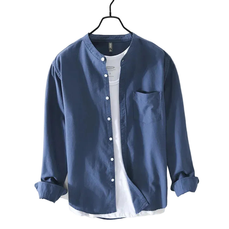 Spring Summer Fresh Long Sleeve Shirts Man Daily Casual Pure Cotton Tops Solid Oxford Stand Collar Shirt Men Simple Yellow Shirt