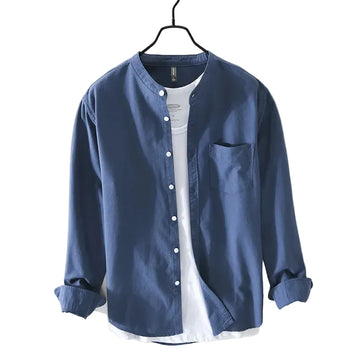 Spring Summer Fresh Long Sleeve Shirts Man Daily Casual Pure Cotton Tops Solid Oxford Stand Collar Shirt Men Simple Yellow Shirt