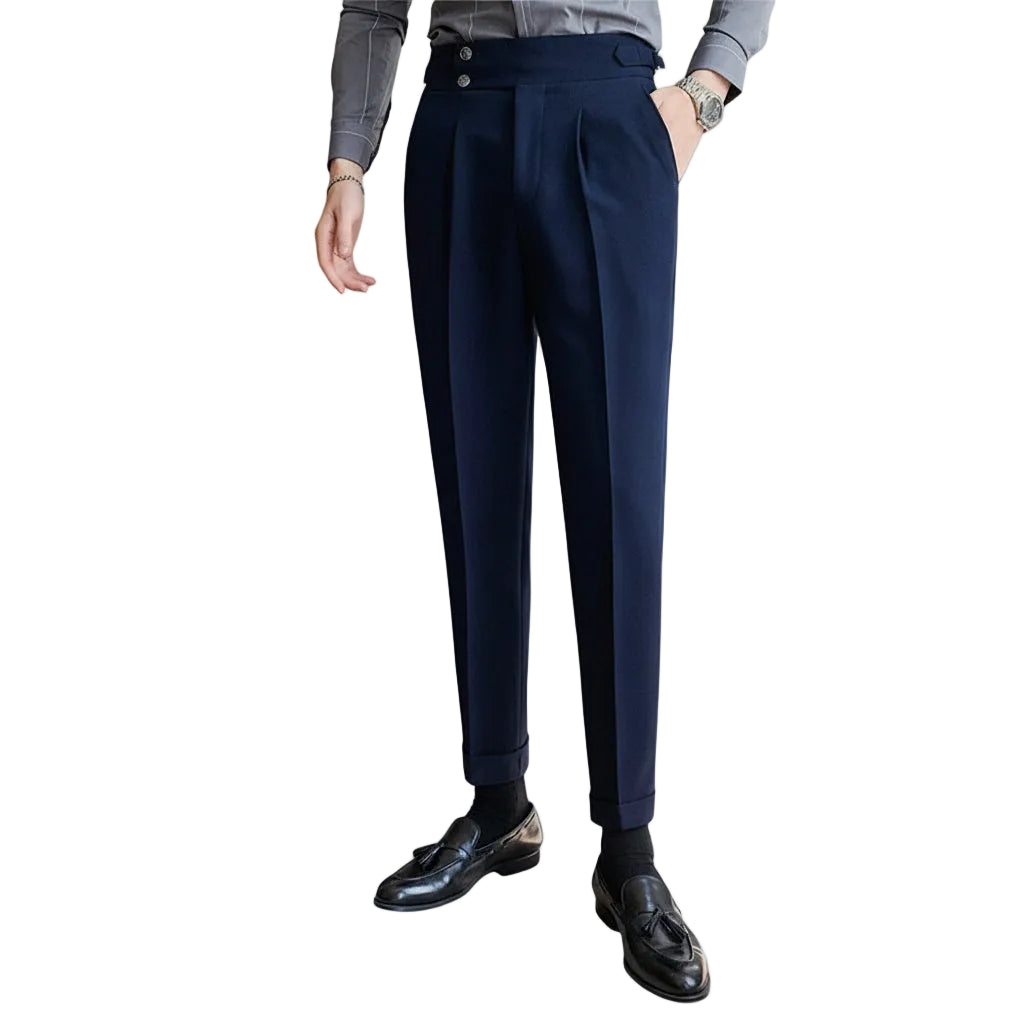 Navy Blue Male Pants Summer Fashion Solid Color High Waisted Trousers Men Wedding Business Casual Slim Fit Wool Social Pants