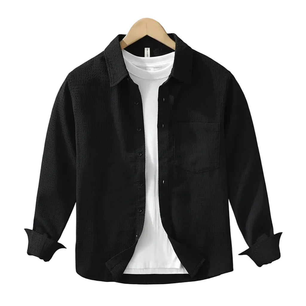 Spring Fall Long Sleeve Shirt Man Daily Casual Men Shirts Turn Down Collar Waffle Apricot Shirt with Pocket Simple Camisa Hombre