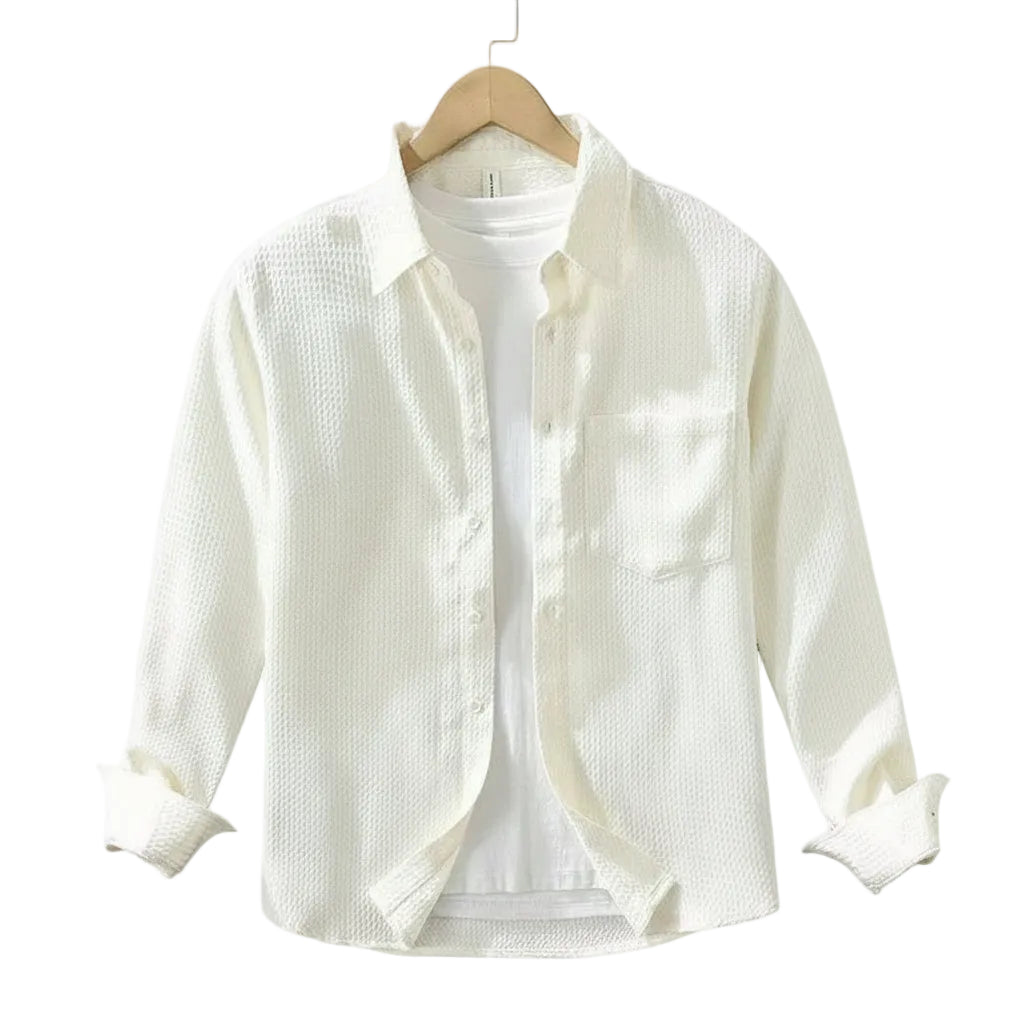 Spring Fall Long Sleeve Shirt Man Daily Casual Men Shirts Turn Down Collar Waffle Apricot Shirt with Pocket Simple Camisa Hombre