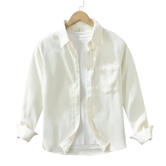 Spring Fall Long Sleeve Shirt Man Daily Casual Men Shirts Turn Down Collar Waffle Apricot Shirt with Pocket Simple Camisa Hombre