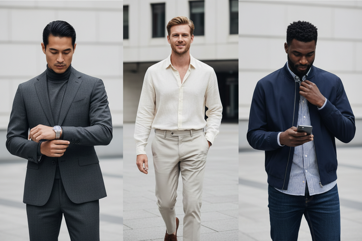 Ultra-realistic wide banner (1920×900), full-frame, edge-to-edge — no blurred borders, no vignetting, no fading. Three distinct real-looking male models (different faces, skin tones and heights), posing naturally as in a genuine fashion photoshoot.
One model adjusts his watch or cuffs subtly; the second walks casually with a confident but relaxed posture; the third checks his smartphone or adjusts his jacket — all poses must look effortless and authentic, like professional menswear campaigns.
All wear moder